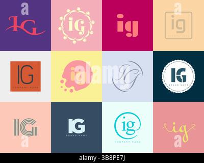 Modello aziendale logo IG. Logotipo lettera i e g. Imposta diverse lettere serif classiche e testo moderno in grassetto con elementi di design. Tipog font iniziale Illustrazione Vettoriale