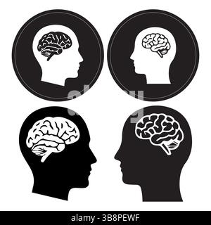 Set di icone cervello umano , silhouette della testa bianche e nere con grafica cerebrale Illustrazione Vettoriale