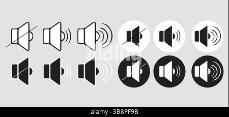 Set di icone volume altoparlante , simboli audio e esclusione microfono in bianco e nero Illustrazione Vettoriale