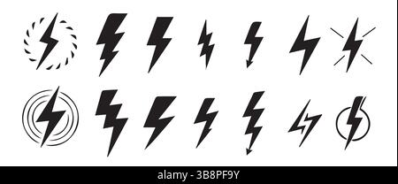 Icone dei fulmini in bianco e nero , Set Minimal Vector Design Collection , disegni di icone dei fulmini neri su sfondo bianco, Illustrazione Vettoriale