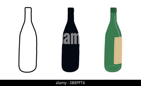 Bottiglia di vino vuota in vetro dal design minimalista con contorno, silhouette e stili colorati. Concetto di confezionamento delle bevande, design delle bottiglie di birra, Graphi semplice e moderno Illustrazione Vettoriale