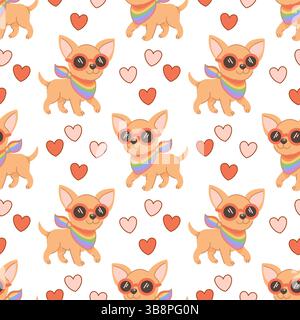 Allegro motivo senza cuciture con un cane chihuahua che indossa una sciarpa e occhiali da sole color arcobaleno, circondato da cuori rossi e rosa. Illustrazione Vettoriale