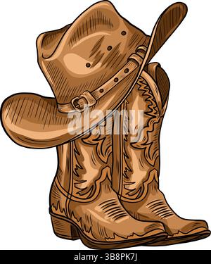 Stivali da cowboy vettoriali con cappello. Design a tema rodeo dipinto a mano. Illustrazione di campagna occidentale. Agriturismo, clipart rustico. Selvaggio West Illustrazione Vettoriale