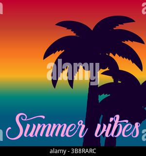 Illustrazione estiva con silhouette di palme da cocco tropicali su uno sfondo sfumato del tramonto. Palme con noci di cocco nei tropici serali. Estate Illustrazione Vettoriale