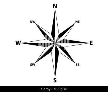 Classico esempio di rosa bussola in bianco e nero. Design vettoriale che simboleggia la guida, la navigazione e l'esplorazione. Ideale per mappe, viaggi e Direct Illustrazione Vettoriale