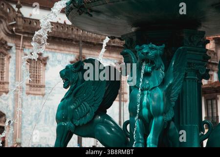 Primo piano sulla Fontana dei Leoni a Porto Foto Stock