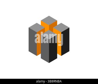 Design isometrico astratto con cubi grigi e arancioni interconnessi. Rappresenta la connessione, la crescita o il lavoro di squadra. Ideale per il branding aziendale, Illustrazione Vettoriale