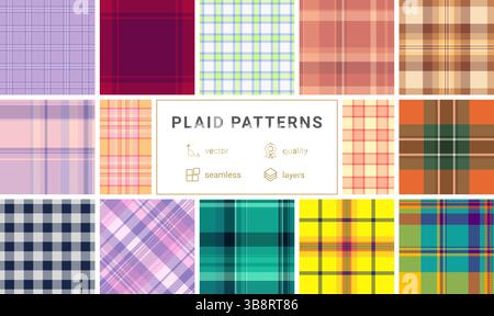 Motivi in tessuto a quadri con un mix di motivi geometrici e strisce orizzontali. Ideale per stampe tessili, camicie e tappezzerie ripetute. Perfetto per la pubblicità Illustrazione Vettoriale