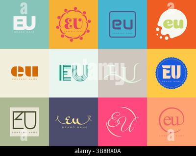 Modello dell'azienda con logo UE. Logotipo lettera e e u. Imposta diverse lettere serif classiche e testo moderno in grassetto con elementi di design. Tipog font iniziale Illustrazione Vettoriale