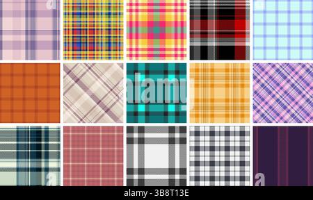 Classici motivi a quadri con un mix di disegni a scacchi e strisce colorate. Ideale per stampe in tessuto, tessuti, carta da parati e camicie, portando con sé un Illustrazione Vettoriale