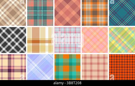 Motivi a quadri con scacchi e strisce colorate, ideali per tessuti, tessuti, camicie o carta da parati. Queste stampe alla moda offrono un mix di stile rustico Illustrazione Vettoriale