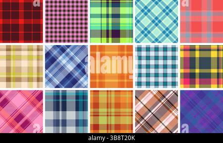 Collezione di 16 vivaci motivi a quadri. Perfetto per il design tessile, la moda, i siti Web e il branding. Texture senza cuciture in diversi stili di colori Illustrazione Vettoriale