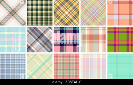 Collezione di 16 vivaci motivi a quadri. Diverse tavolozze di colori, perfette per il design tessile, la moda, gli sfondi Web o la cartoleria. HighRes Illustrazione Vettoriale