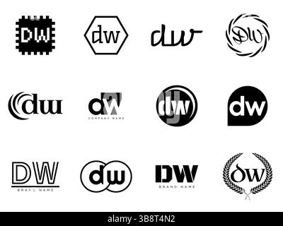 Modello aziendale del logo DW. Logotipo lettera d e W. Imposta diverse lettere serif classiche e testo moderno in grassetto con elementi di design. Tipog font iniziale Illustrazione Vettoriale