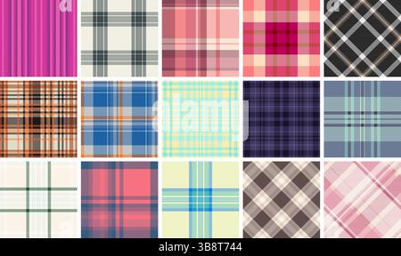 Vivace collezione di 16 diversi motivi a quadri. Perfetto per design tessile, moda, sfondi di siti Web e scrapbooking. Elegante e versatile t Illustrazione Vettoriale