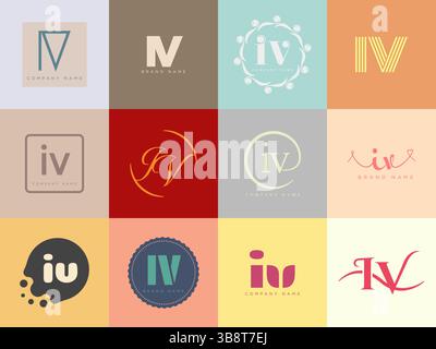 Modello aziendale del logo IV. Logotipo lettera i e V. Imposta diverse lettere serif classiche e testo moderno in grassetto con elementi di design. Tipog font iniziale Illustrazione Vettoriale