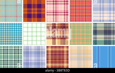 Motivi in tessuto a quadri con un mix di motivi geometrici e strisce orizzontali. Ideale per stampe tessili, camicie e tappezzerie ripetute. Perfetto per la pubblicità Illustrazione Vettoriale