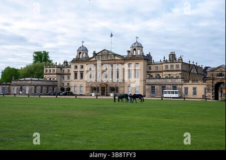 Bristol, Regno Unito. 8 maggio 2025. 8 maggio 2025 cavalli pascolano di fronte a Badminton House il primo giorno delle 2025 Mars Badminton Horse Trials a Badminton House vicino Bristol, Gloucestershire, Inghilterra, Regno Unito. Credito: Jonathan Clarke/Alamy Live News Foto Stock