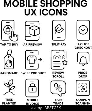Set icone Mobile Shopping UX - icone della linea esperienza utente dell'app e-commerce Illustrazione Vettoriale