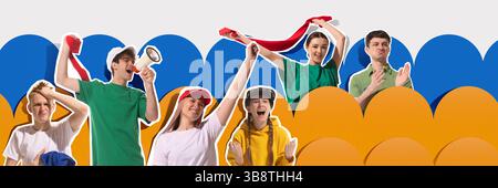 Giovani tifosi che tifanno il tifo e sostengono la squadra sportiva preferita, sciarpe ondulate e sorridono sullo sfondo blu giallo. Foto Stock