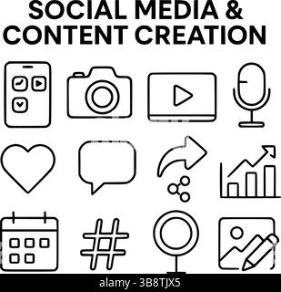 Set di icone per social media e creazione di contenuti: Strumenti di blog, produzione di video e marketing digitale Illustrazione Vettoriale