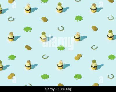 Modello isometrico del giorno di San Patrizio. Simboli fortunati e cibo dolce per il concetto di festa del giorno di San Patrizio. Cuvetta in velluto verde, shamrock, moneta d'oro Foto Stock