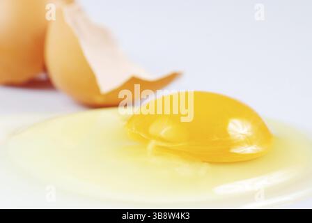 Uno beige uovo rotto su bianco Foto Stock