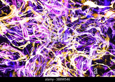 Sfondo fiamma viola astratto. Linee di energia colorate e luminose. Schema di fuoco caotico con striature chiare. Texture d'arte psichedelica. Movimento futuristico. Foto Stock