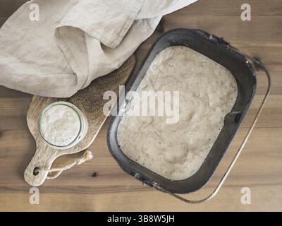 Antipasto di pasta di grano in vaso di vetro e pasta di farina in padella di macchina per il pane. Concetto di panificazione fatto in casa Foto Stock