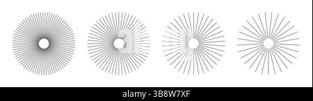 Linee circolari radiali. Elementi di linee nere circolari. Simbolo dei raggi della stella solare. Design piatto elementi minimali. Set di raggi con strisce radianti Illustrazione Vettoriale