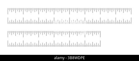 Tabella di misurazione con 8, 6 pollici. Scale righello impostate. Modelli di utensili da cucire. Calcolo della misurazione della lunghezza, distanza, pattern righello dell'altezza. Illustrazione Vettoriale