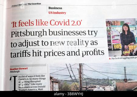 "Le aziende di Pittsburgh cercano di adattarsi alla nuova realtà man mano che le tariffe colpiscono i prezzi e i profitti", il quotidiano Guardian, titolo dell'articolo 2 maggio 2025, Regno Unito Foto Stock