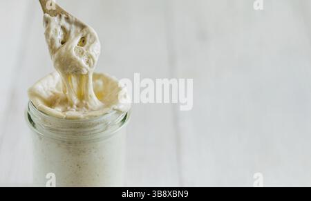 Pronto per preparare un antipasto di pasta di grano da pane che gocciola dal cucchiaio di legno. Vasetto di vetro con antipasto di pasta acida idratazione al 100% sul dorso di legno bianco Foto Stock