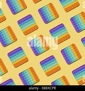 Motivo Popit su sfondo giallo. Popolare giocattolo in silicone colorato antistress pop it per bambini. Vista dall'alto. Semplice motivo a concavità Foto Stock