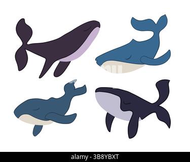 Illustrazione vettoriale isolata di una serie di balene su sfondo bianco. Illustrazione Vettoriale