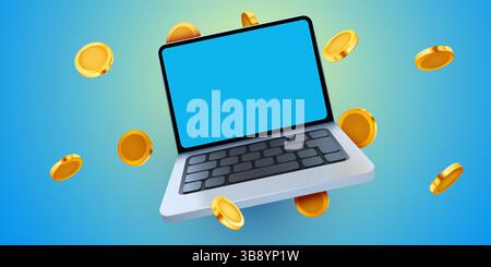 Laptop con monete volanti. Concetto di investimento mobile. Illustrazione vettoriale Illustrazione Vettoriale