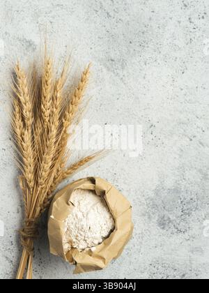 Farina di grano in sacchetto di carta e punte su fondo grigio cemento. Cibo e ingredienti da forno - farina multiuso con spazio per la copia, verticale Foto Stock