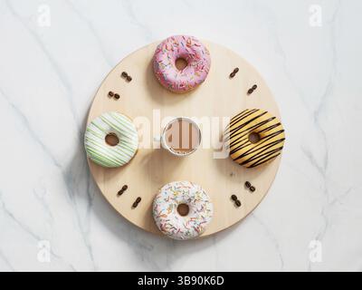 Tempo di caffè e concetto di tempo delle ciambelle. Orologio faccia con numero di dugnut e chicchi di caffè, orologio mani come tazza di caffè. Vassoio di legno come quadrante orologio, su Foto Stock