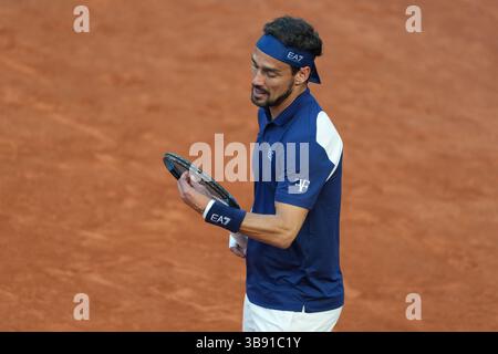 Roma, Italia. 8 maggio 2025. Fabio Fognini dell'Italia durante la partita contro Jacob Fearnley del Regno Unito al torneo di tennis internazionali BNL d'Italia 2025 al foro Italico di Roma, l'8 maggio 2025. Crediti: Insidefoto/Alamy Live News Foto Stock