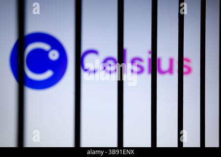 13 luglio 2023, Asuncion, Paraguay: Il logo Celsius viene visualizzato su uno schermo dietro le sbarre. Alex Mashinsky, fondatore ed ex amministratore delegato del prestatore di criptovaluta in bancarotta Celsius Network, ha riferito di aver arrestato giovedì con l'accusa di frode sui titoli federali. (Immagine di credito: © Andre M. Chang/ZUMA Press Wire) Foto Stock