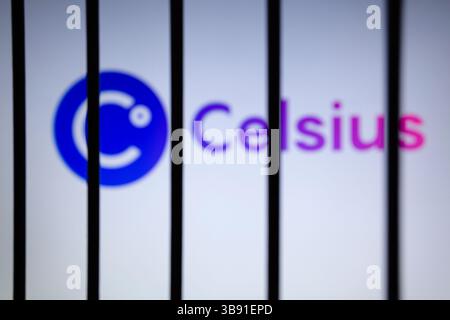 13 luglio 2023, Asuncion, Paraguay: Il logo Celsius viene visualizzato su uno schermo dietro le sbarre. Alex Mashinsky, fondatore ed ex amministratore delegato del prestatore di criptovaluta in bancarotta Celsius Network, ha riferito di aver arrestato giovedì con l'accusa di frode sui titoli federali. (Immagine di credito: © Andre M. Chang/ZUMA Press Wire) Foto Stock