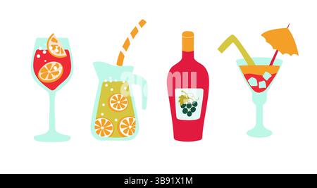 Preparati con bevande rinfrescanti. Limonata fatta in casa, vino e cocktail di frutta. Illustrazione Vettoriale