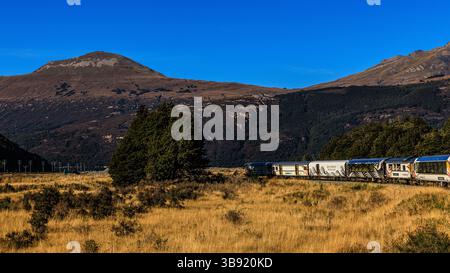 Nuova Zelanda tranzalpine carrozze livate di mondi viaggio in treno grande attraversano il bellissimo paesaggio delle alpi meridionali prendendo da una vista all'aria aperta Foto Stock
