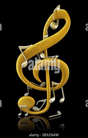 Note musicali d'oro e d'argento - rendering 3d. Foto Stock