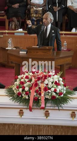 18 maggio 2023: Il reverendo al Sharpton parla ai funerali di Jordan Neely alla Mount Neboh Baptist Church di Harlem venerdì 19 maggio 2023, a Manhattan, New York. (Immagine di credito: © Barry Williams/New York Daily News via ZUMA Press Wire) Foto Stock