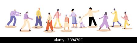 Questa immagine non raffigura la guerra commerciale o i concetti di guerra tariffaria né presenta bandiere di alcun paese. Mostra un gruppo eterogeneo di persone che camminano in modo diverso Illustrazione Vettoriale