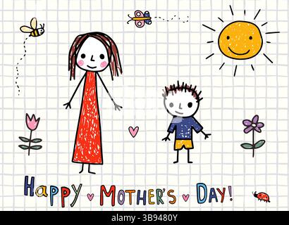 Carino disegno a bastone di mamma e figlio, biglietto d'auguri per bambini disegnato a mano per la festa della mamma, sfondo semplice per bambini Illustrazione Vettoriale