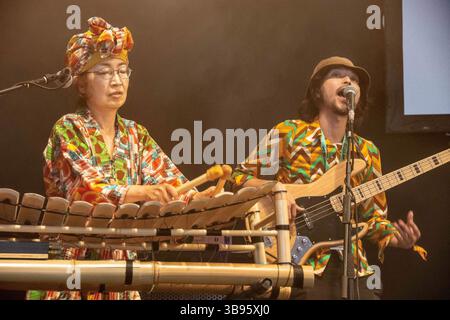 29 luglio 2023, Malmesbury, Wiltshire, Inghilterra: Ajate from Japan fuse l'afro-funk con la tradizionale musica ohayashi giapponese per formare un suono ritmico altamente originale che si esibirono al Womad festival. Il festival WOMAD (World of Music and Dance) si è svolto a Charlton Park vicino a Malmesbury nel Wiltshire, Regno Unito. Ora, nel suo 41esimo anno, migliaia di persone si sono recate nel parco per guardare una variegata serie di atti internazionali. (Immagine di credito: © Rod Harbinson/ZUMA Press Wire) Foto Stock