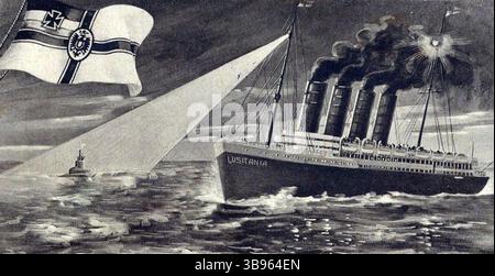 Una cartolina della Marina tedesca che commemora l'affondamento della Lusitania. La Lusitania era un transatlantico britannico che fu silurato da un U-Boot durante la prima guerra mondiale il 7 maggio 1915, al largo della Old Head of Kinsale, in Irlanda. A bordo di lei c'erano 1.264 passeggeri, 3 stivali e un equipaggio di 693 persone, per un totale di 1.960 persone, di cui 1.197 furono uccise. La nave affondò in soli 18 minuti. L'affondamento ha allontanato l'opinione pubblica dalla Germania e la morte di 128 americani a bordo è stato un fattore importante per l'entrata in guerra degli Stati Uniti. Foto Stock