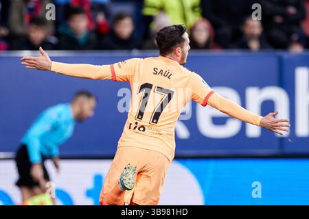 29 gennaio 2023, PAMPLONA, NAVARRA, SPAGNA: Saul Niguez dell'Atletico de Madrid reagisce dopo aver segnato un gol durante la partita di la Liga Santander tra CA Osasuna e Atletico de Madrid a El Sadar il 29 gennaio 2023, a Pamplona, Spagna. (Immagine di credito: © Ricardo Larreina/AFP7 via ZUMA Press Wire) Foto Stock